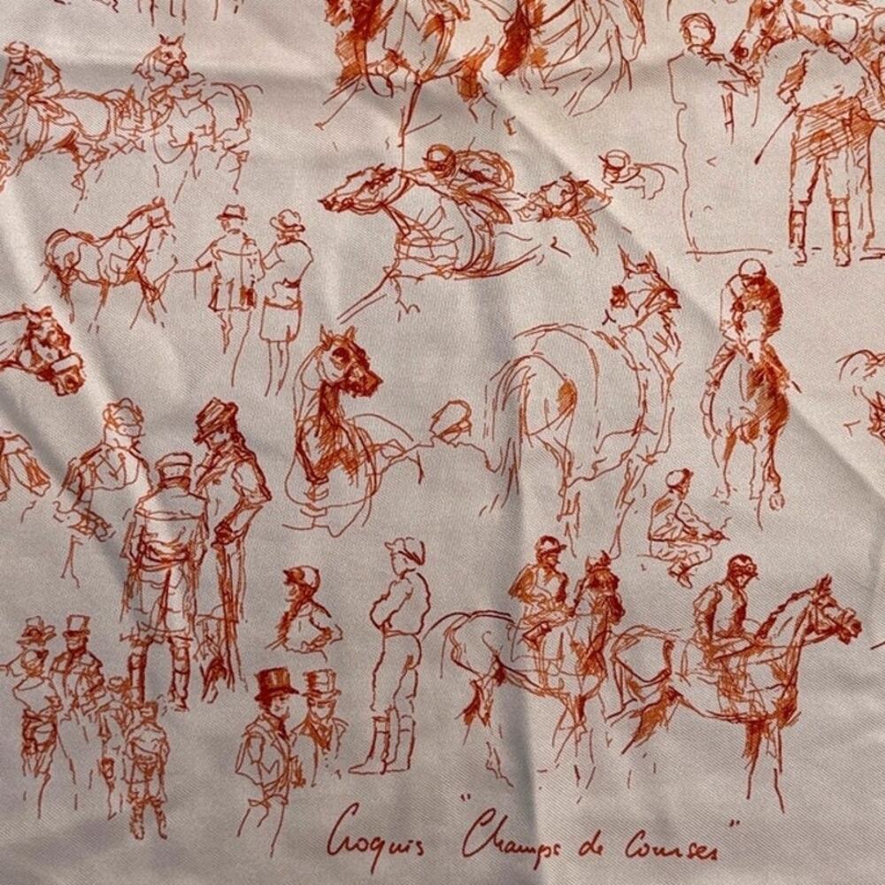 Hermes  Croquis 'Champs de Courses'  100% Silk Vintage Rolled Edge Pocket Square